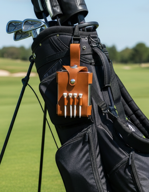 Flask golf gift with swing oil label in leather golf carry case