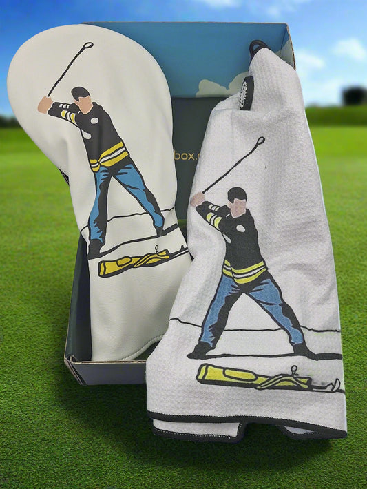 Golf gift box with Happy Gilmore driver head cover and golf towel golf gift or prize