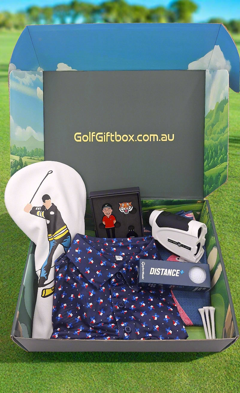 Golf gift box with Texas pattern golf shirt and rangefinder golf prizes