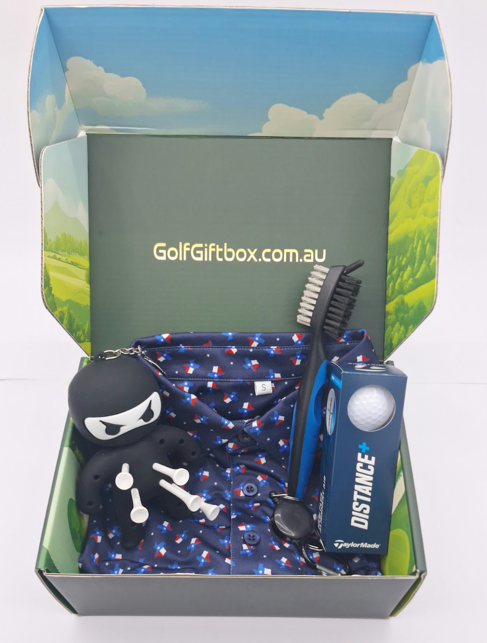 Golf gift box with Texas pattern golf shirt and tee holder golf prizes