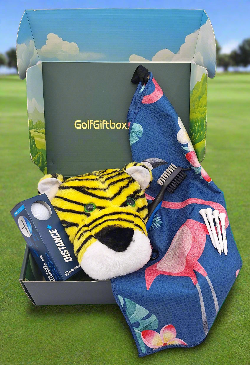 Golf gift box with driver head cover and golf towel