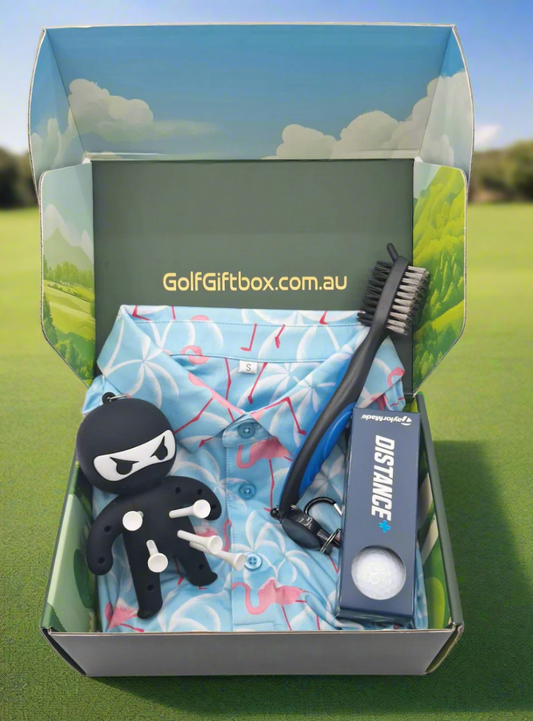 Golf gift box with flamingo golf shirt and tee holder golf prizes