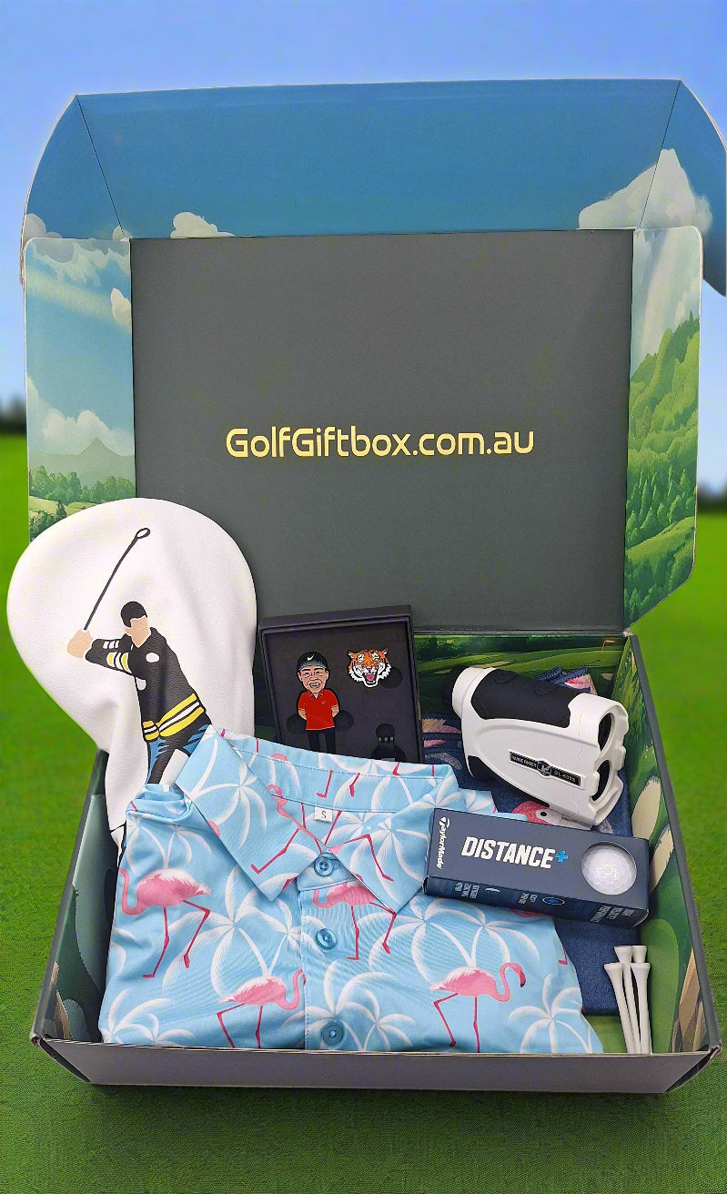 Golf gift box with flamingo pattern golf shirt and rangefinder golf prizes