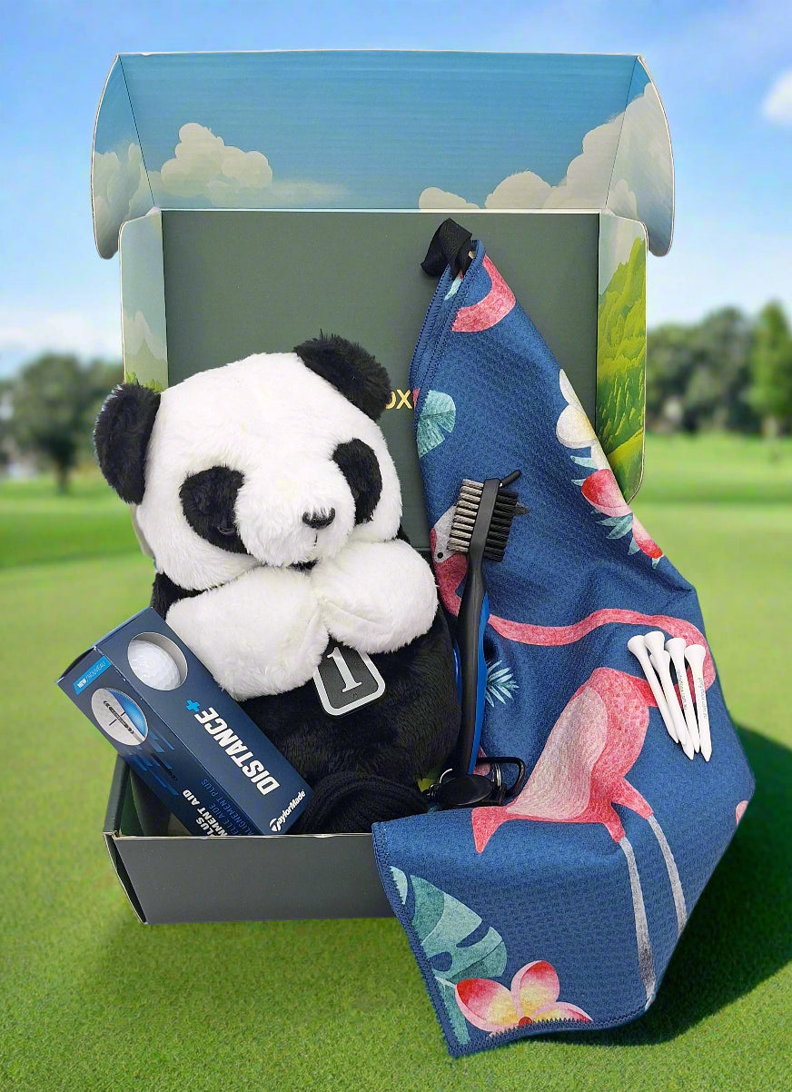 Golf gift box with panda driver head cover and golf towel