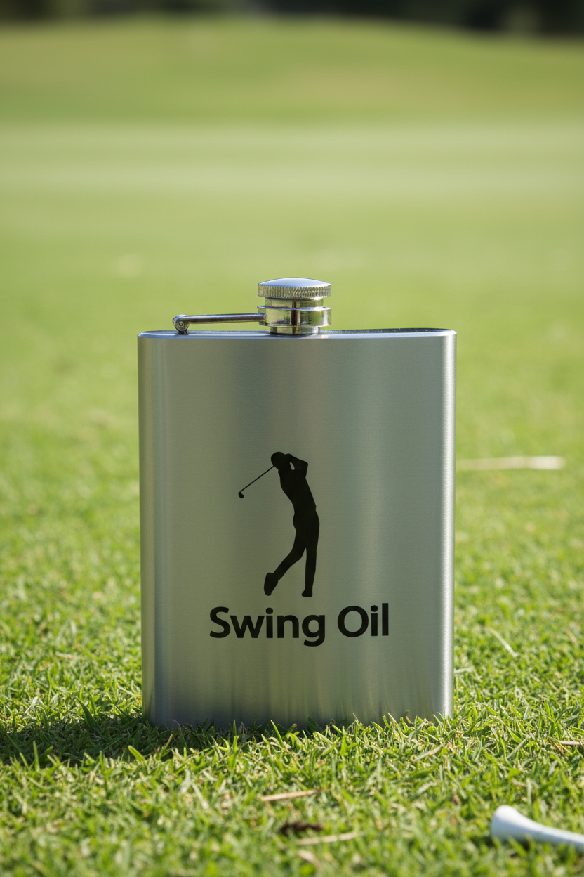 Stainless steel flask with 'Swing Oil' logo on a white background