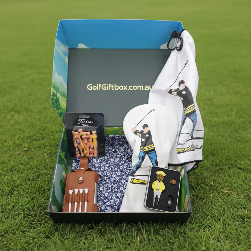 Unique golf gift for him including golf shirt, ball marker, golf towel and golf novelty gifts