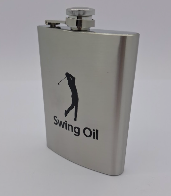 Flask golf gift with swing oil label