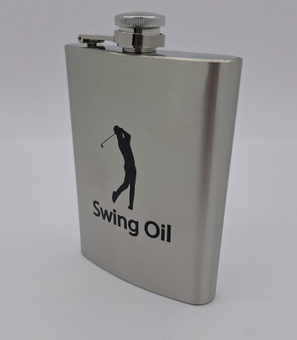 Flask golf gift with swing oil label