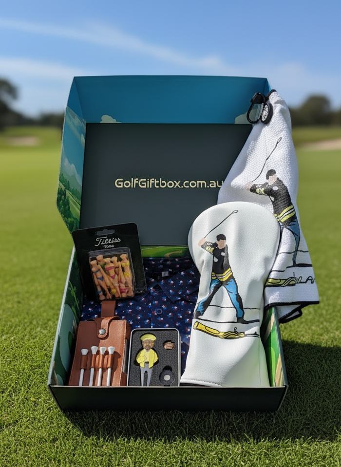 Unique golf gift for him including golf shirt, ball marker, golf towel and golf novelty gifts