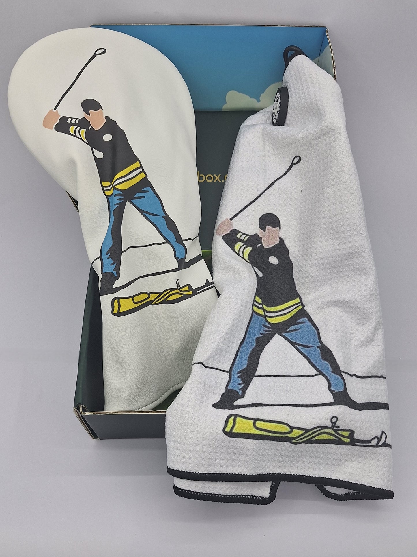 Golf gift box with Happy Gilmore driver head cover and golf towel golf gift or prize