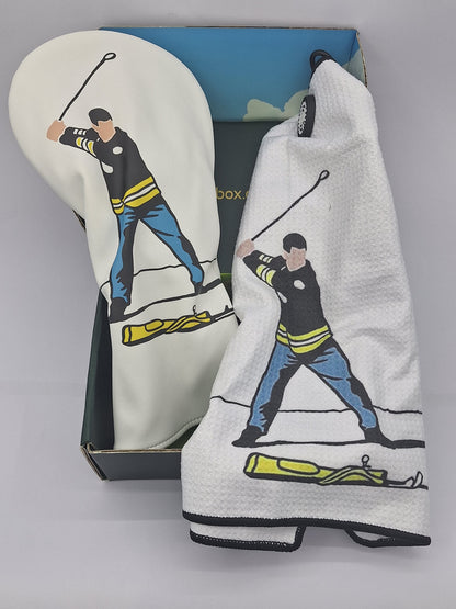 Golf gift box with Happy Gilmore driver head cover and golf towel golf gift or prize