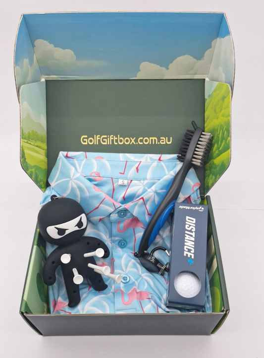 Golf gift box with flamingo golf shirt and tee holder golf prizes