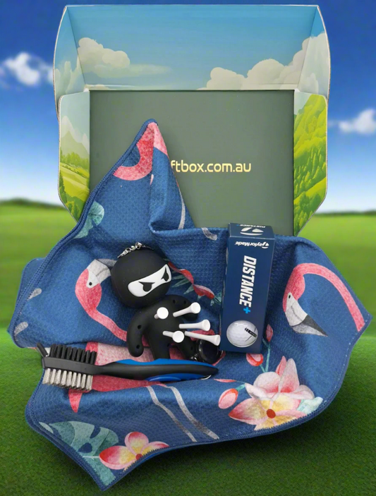 Golf gift box with ninja tee holder and golf towel