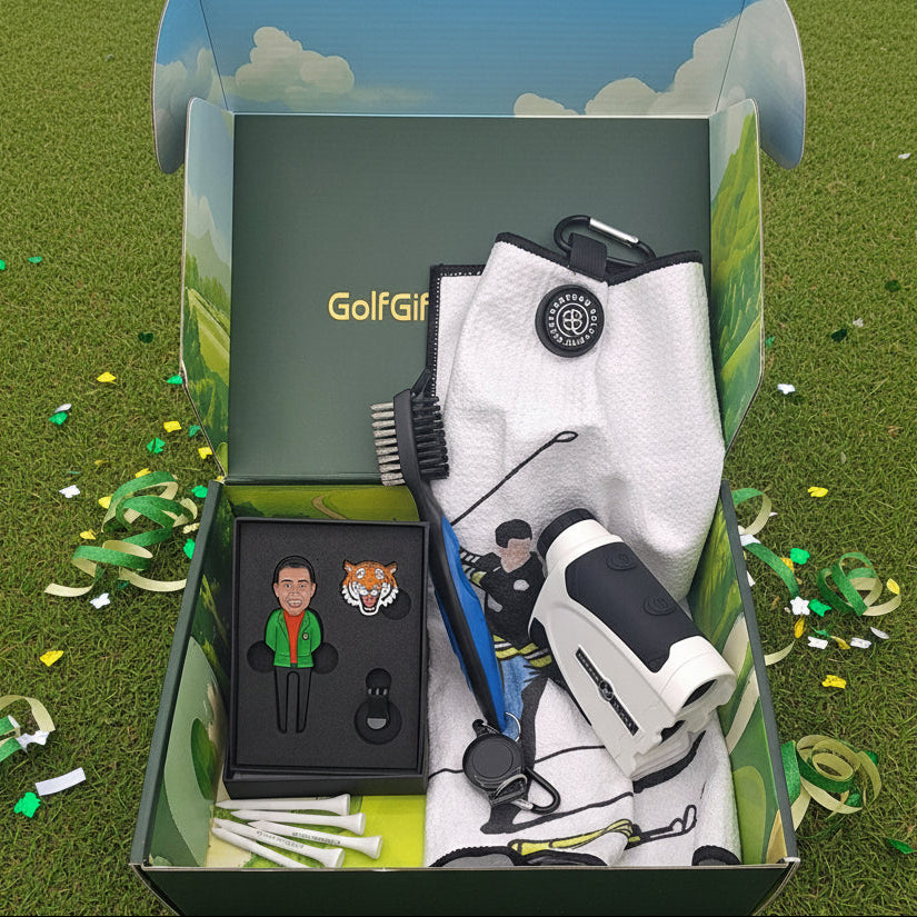 Golf gift box with rangefinder and happy gilmore golf towel and tiger woods divot repair tool and ball marker