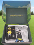 Golf gift box with Happy Gilmore gifts ball marker and golf towel