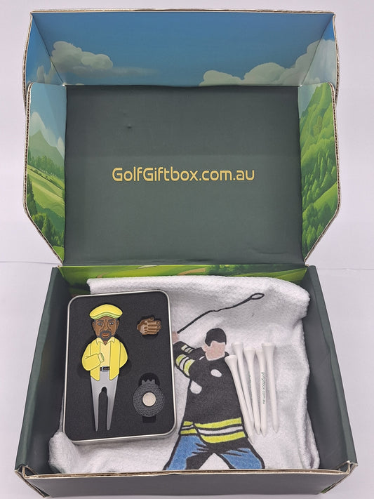 Golf gift box with Happy Gilmore gifts ball marker and golf towel